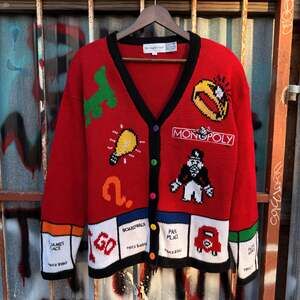 Vtg MONOPOLY BOARD GAME knit cardigan size L women’s